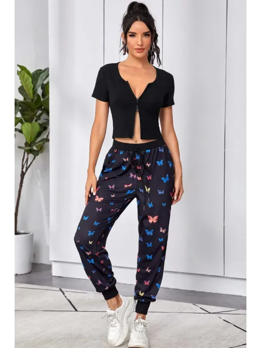 Kadın Siyah Çift Fermuarlı Yarım Kol Crop Top Bluz – Şık, Rahat Ve Kolay Kombinlenebilir