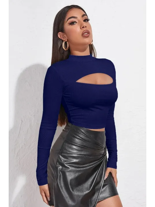 Kadın Lacivert Göğüs Dekolteli Uzun Kollu Cut Out Crop Top Bluz – Şık, Rahat Ve Kolay Kombinlenebilir