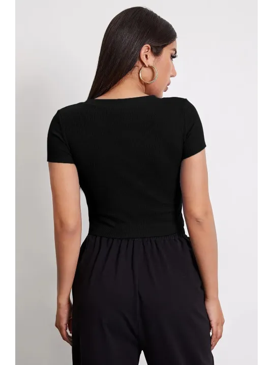 Kadın Siyah Yuvarlak Yaka Yarım Kol Crop Top Bluz – Şık, Rahat Ve Kolay Kombinlenebilir