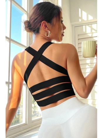 Kadın Siyah Sırtı Çapraz Lastik Detaylı Crop Top Bluz – Şık, Rahat Ve Kolay Kombinlenebilir
