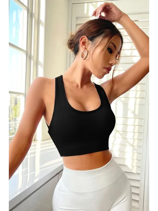 Kadın Siyah Sırtı Çapraz Lastik Detaylı Crop Top Bluz – Şık, Rahat Ve Kolay Kombinlenebilir