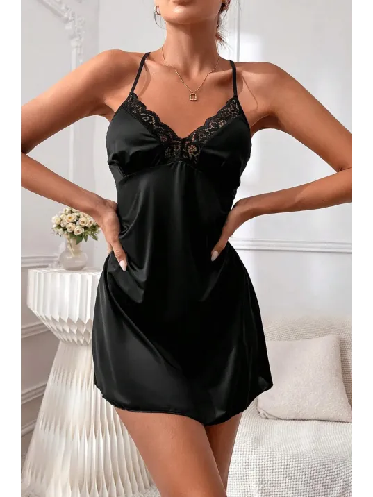 Kadın Siyah Göğüs Ve Sırt Kısmı Dantel Detaylı Özel Gecelik – Modern Ve Şık Tasarım