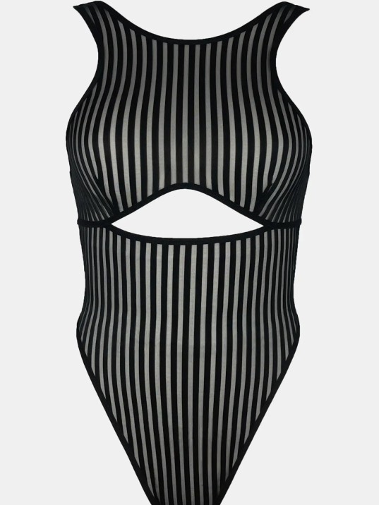 Kadın Siyah Cut-out Detaylı Transparan Çizgili Gecelik – Modern Ve Şık Tasarım