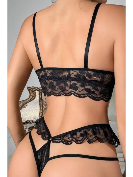 Kadın Siyah Beli Dantel Detaylı Tanga Külotlu Çamaşır Takımı – Modern, Konforlu Ve Günlük Kombinlere Uygun