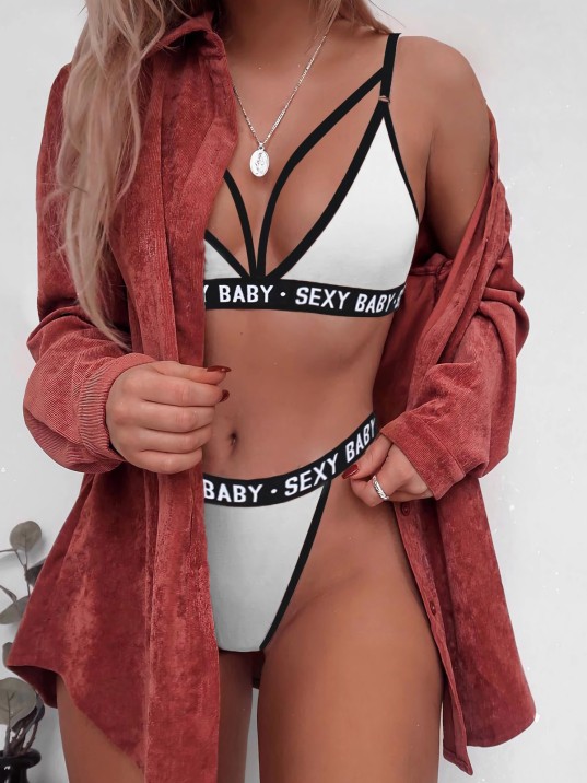 Kadın Beyaz Yazı Detaylı Ipli Sütyen Takımı – Modern, Konforlu Ve Günlük Kombinlere Uygun