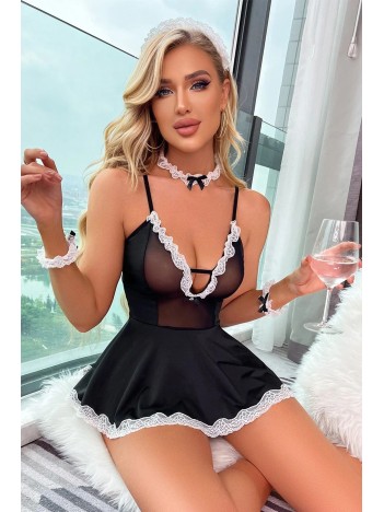 Kadın Siyah Dantel Ve Tül Detaylı Tokalı Tanga Külotlu Hizmetçi Kostümü – Modern Ve Şık Tasarım