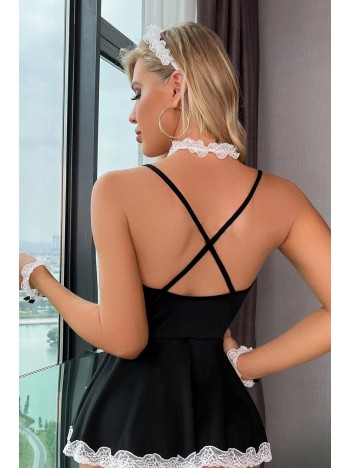 Kadın Siyah Dantel Ve Tül Detaylı Tokalı Tanga Külotlu Hizmetçi Kostümü – Modern Ve Şık Tasarım Kadın Siyah Dantel Ve Tül Detaylı Tokalı Tanga Külotlu Hizmetçi Kostümü – Modern Ve Şık Tasarım