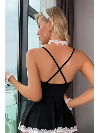 Kadın Siyah Dantel Ve Tül Detaylı Tokalı Tanga Külotlu Hizmetçi Kostümü – Modern Ve Şık Tasarım