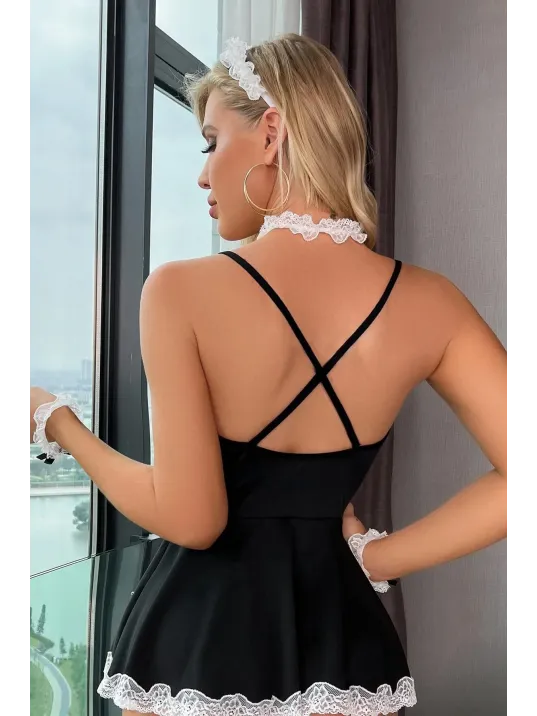 Kadın Siyah Dantel Ve Tül Detaylı Tokalı Tanga Külotlu Hizmetçi Kostümü – Modern Ve Şık Tasarım