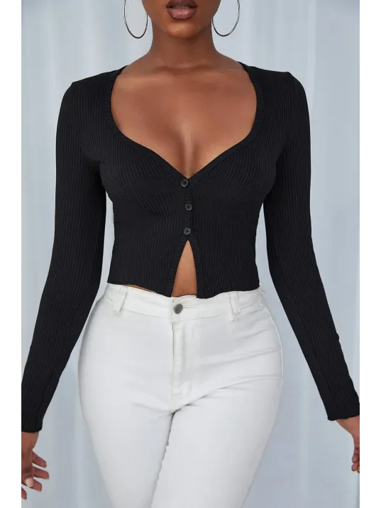 Kadın Siyah Uzun Kollu Düğmeli Göğüs Ve Göbek Dekolteli Crop Top Bluz – Şık, Rahat Ve Kolay Kombinlenebilir
