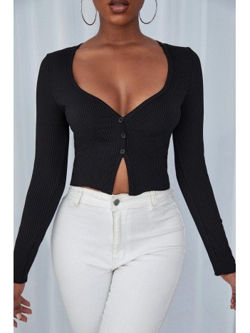 Kadın Siyah Uzun Kollu Düğmeli Göğüs ve Göbek Dekolteli Crop Top Bluz – Şık, Rahat ve Kolay Kombinlenebilir
