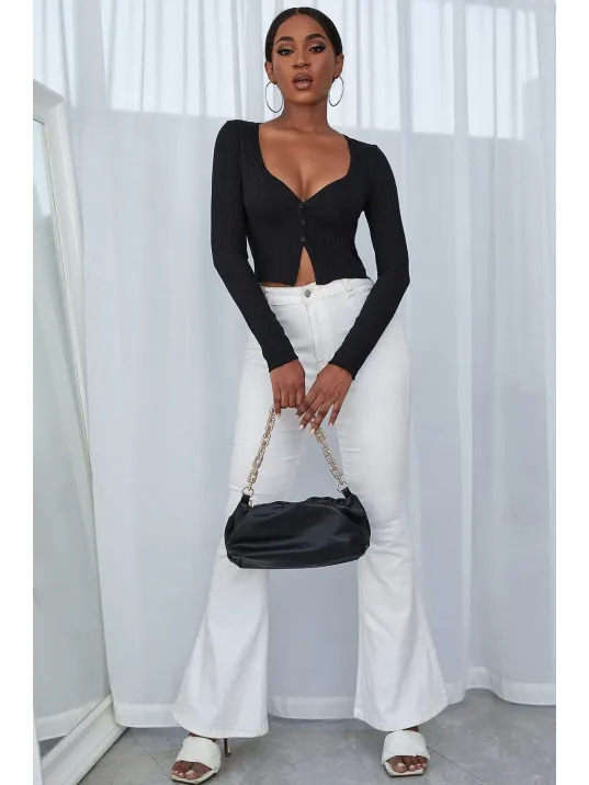 Kadın Siyah Uzun Kollu Düğmeli Göğüs Ve Göbek Dekolteli Crop Top Bluz – Şık, Rahat Ve Kolay Kombinlenebilir