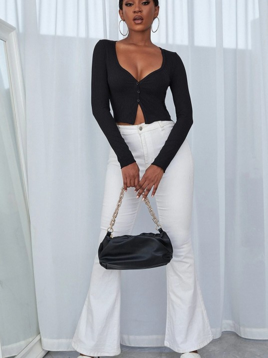 Kadın Siyah Uzun Kollu Düğmeli Göğüs Ve Göbek Dekolteli Crop Top Bluz – Şık, Rahat Ve Kolay Kombinlenebilir