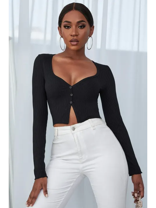 Kadın Siyah Uzun Kollu Düğmeli Göğüs Ve Göbek Dekolteli Crop Top Bluz – Şık, Rahat Ve Kolay Kombinlenebilir