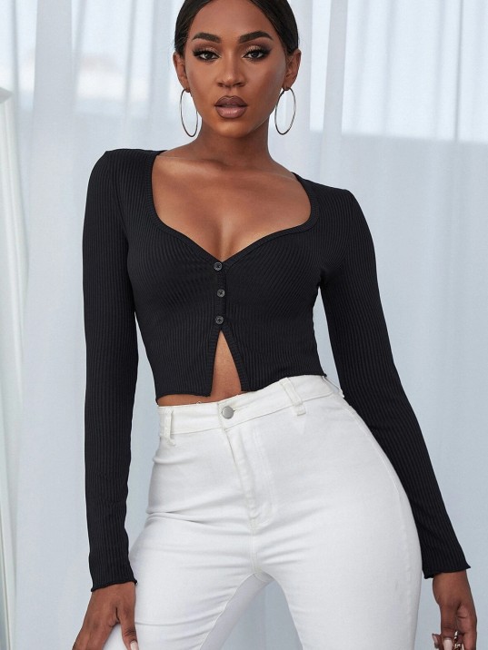 Kadın Siyah Uzun Kollu Düğmeli Göğüs Ve Göbek Dekolteli Crop Top Bluz – Şık, Rahat Ve Kolay Kombinlenebilir