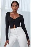 Kadın Siyah Uzun Kollu Düğmeli Göğüs Ve Göbek Dekolteli Crop Top Bluz – Şık, Rahat Ve Kolay Kombinlenebilir