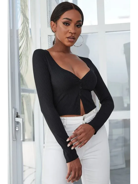 Kadın Siyah Uzun Kollu Düğmeli Göğüs Ve Göbek Dekolteli Crop Top Bluz – Şık, Rahat Ve Kolay Kombinlenebilir