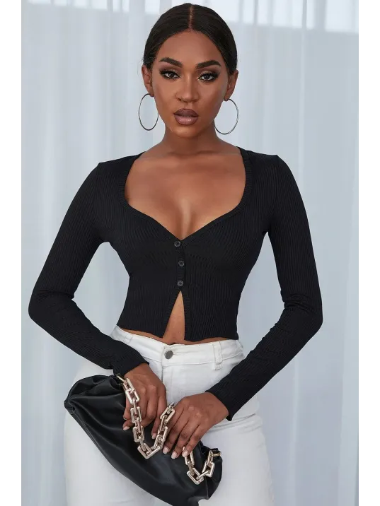 Kadın Siyah Uzun Kollu Düğmeli Göğüs Ve Göbek Dekolteli Crop Top Bluz – Şık, Rahat Ve Kolay Kombinlenebilir