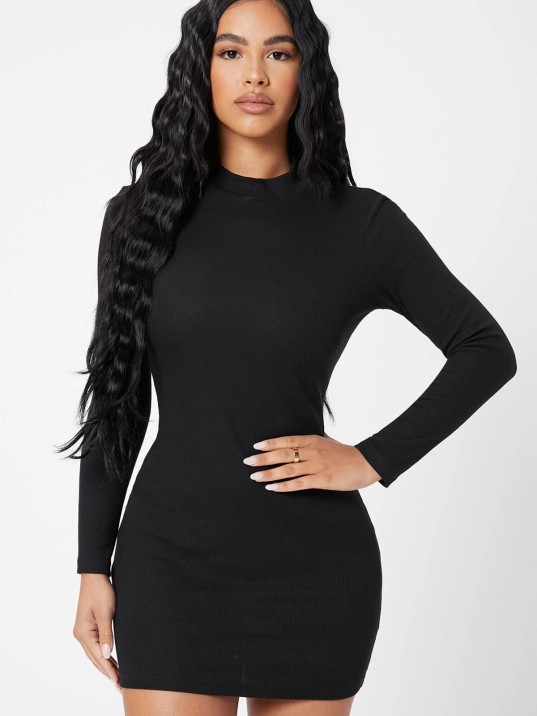 Kadın Siyah Kaşkorse Balıkçı Yaka Uzun Kollu Bodycon Mini Elbise