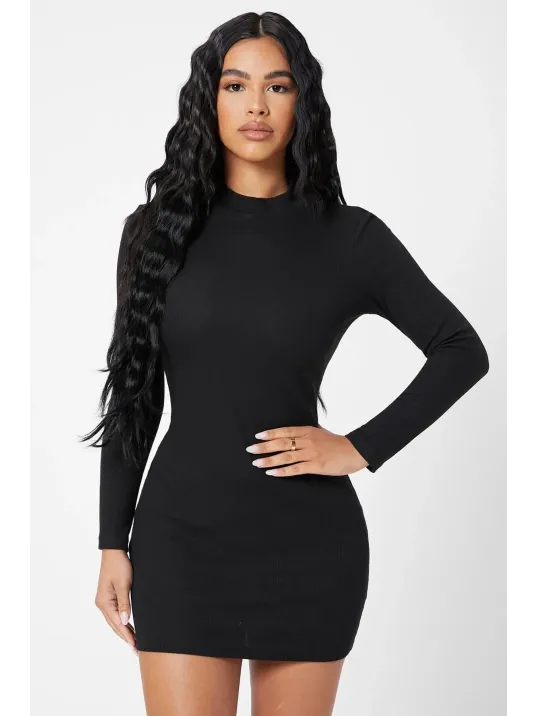 Kadın Siyah Kaşkorse Balıkçı Yaka Uzun Kollu Bodycon Mini Elbise