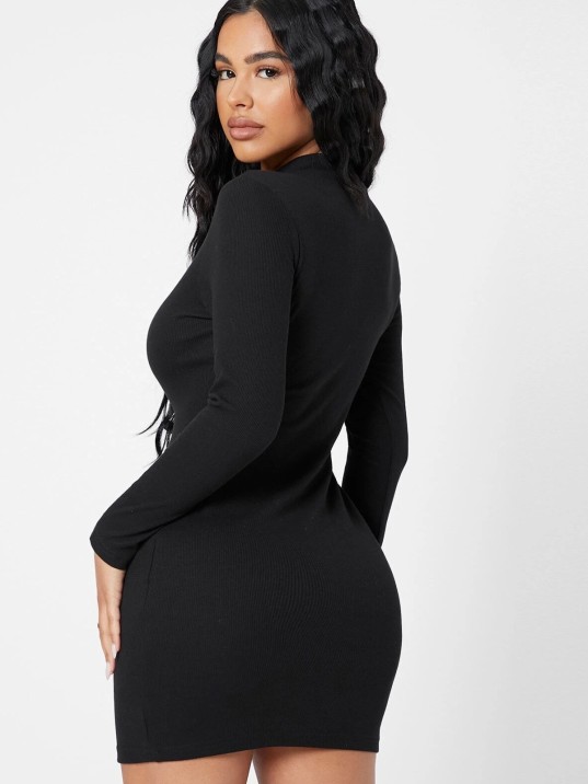 Kadın Siyah Kaşkorse Balıkçı Yaka Uzun Kollu Bodycon Mini Elbise