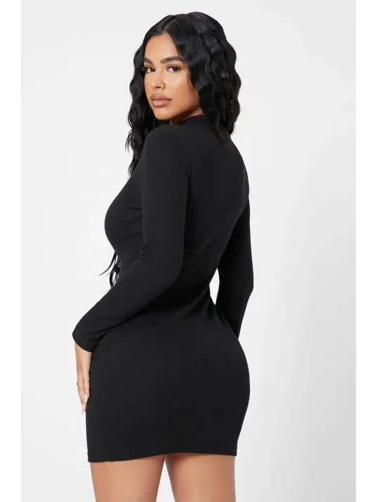 Kadın Siyah Kaşkorse Balıkçı Yaka Uzun Kollu Bodycon Mini Elbise