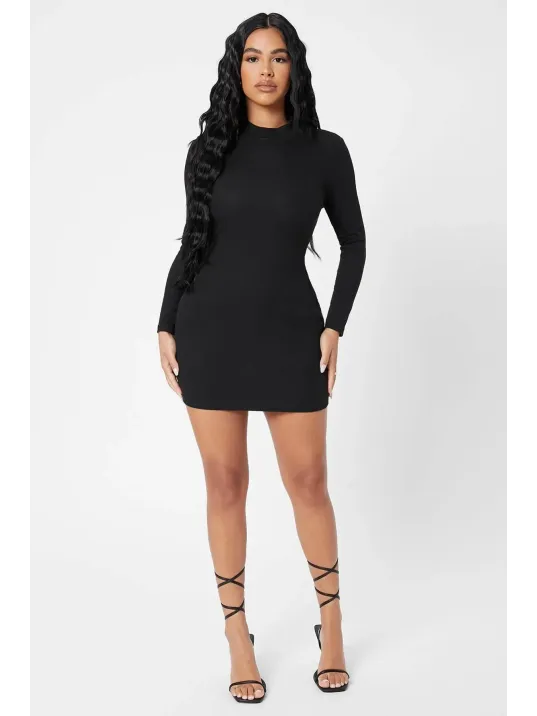 Kadın Siyah Kaşkorse Balıkçı Yaka Uzun Kollu Bodycon Mini Elbise