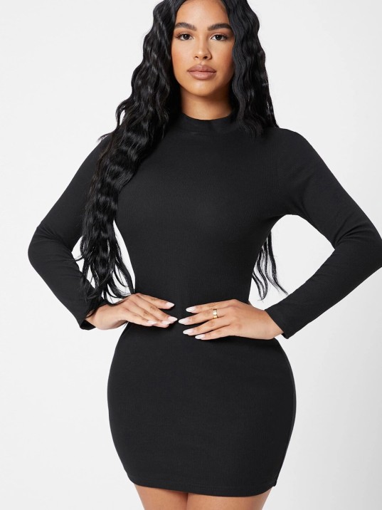Kadın Siyah Kaşkorse Balıkçı Yaka Uzun Kollu Bodycon Mini Elbise
