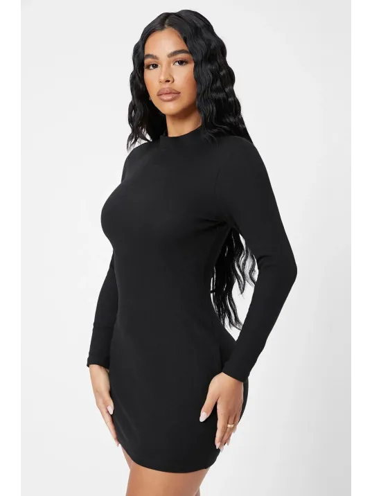 Kadın Siyah Kaşkorse Balıkçı Yaka Uzun Kollu Bodycon Mini Elbise