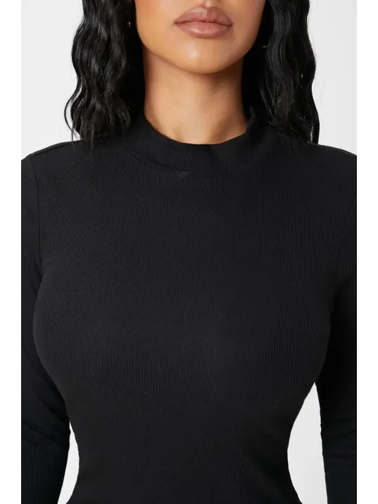 Kadın Siyah Kaşkorse Balıkçı Yaka Uzun Kollu Bodycon Mini Elbise