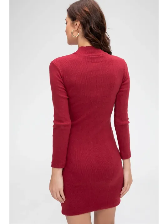 Kadın Bordo Kaşkorse Balıkçı Yaka Uzun Kollu Bodycon Mini Elbise – Şık, Rahat Ve 4 Mevsim