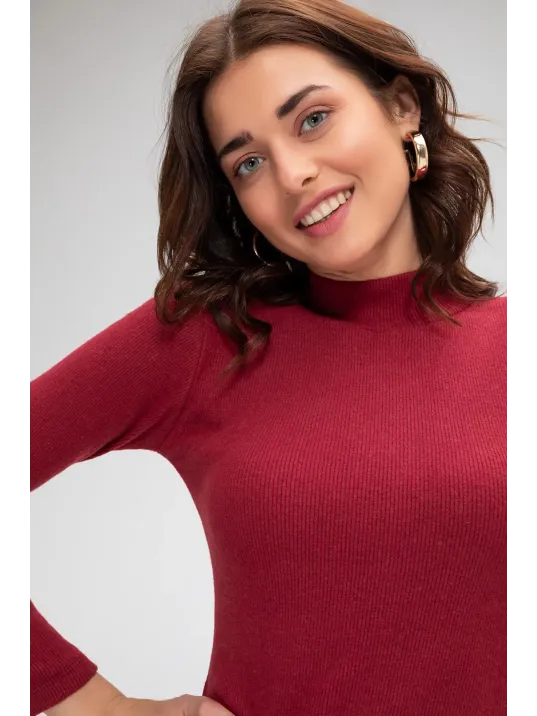 Kadın Bordo Kaşkorse Balıkçı Yaka Uzun Kollu Bodycon Mini Elbise – Şık, Rahat Ve 4 Mevsim