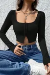 Kadın Siyah Uzun Kollu Agraflı Göğüs Ve Göbek Dekolteli Crop Top Bluz – Şık, Rahat Ve Kolay Kombinlenebilir Kadın Siyah Uzun Kollu Agraflı Göğüs Ve Göbek Dekolteli Crop Top Bluz – Şık, Rahat Ve Kolay Kombinlenebilir