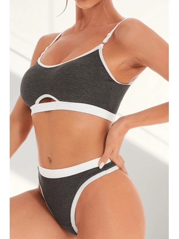 Kadın Gri Antrasit Kaşkorse ve Beyaz Lastikli Cut-Out Tanga Külotlu Takım – Modern, Konforlu