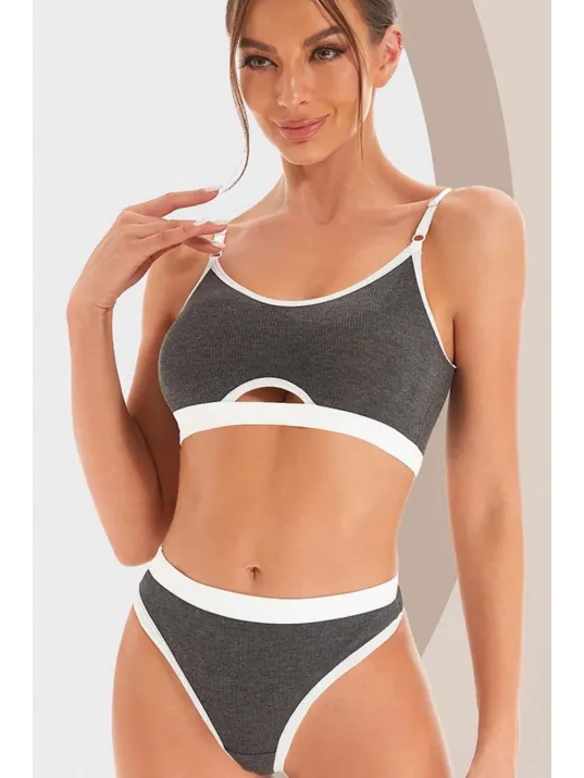 Kadın Gri Antrasit Kaşkorse Ve Beyaz Lastikli Cut-out Tanga Külotlu Takım – Modern, Konforlu