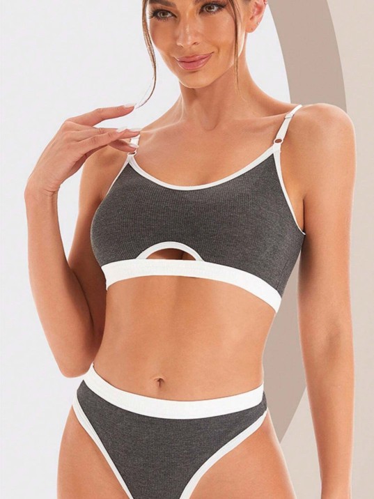 Kadın Gri Antrasit Kaşkorse Ve Beyaz Lastikli Cut-out Tanga Külotlu Takım – Modern, Konforlu