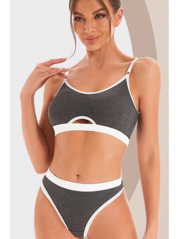 Kadın Gri Antrasit Kaşkorse Ve Beyaz Lastikli Cut-out Tanga Külotlu Takım – Modern, Konforlu