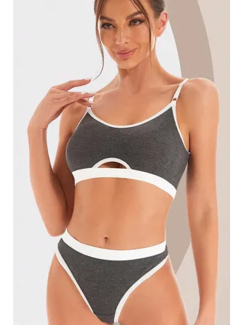 Kadın Gri Antrasit Kaşkorse Ve Beyaz Lastikli Cut-out Tanga Külotlu Takım – Modern, Konforlu
