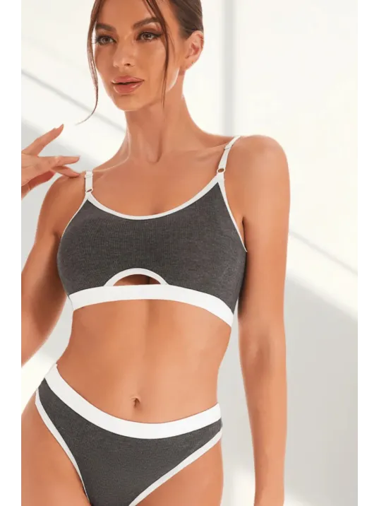 Kadın Gri Antrasit Kaşkorse Ve Beyaz Lastikli Cut-out Tanga Külotlu Takım – Modern, Konforlu