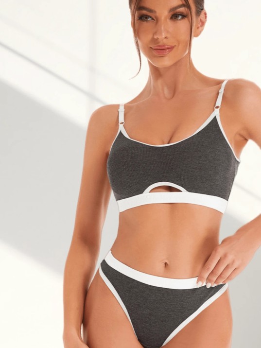 Kadın Gri Antrasit Kaşkorse Ve Beyaz Lastikli Cut-out Tanga Külotlu Takım – Modern, Konforlu