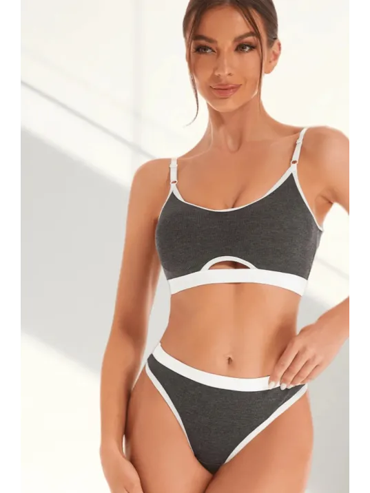 Kadın Gri Antrasit Kaşkorse Ve Beyaz Lastikli Cut-out Tanga Külotlu Takım – Modern, Konforlu