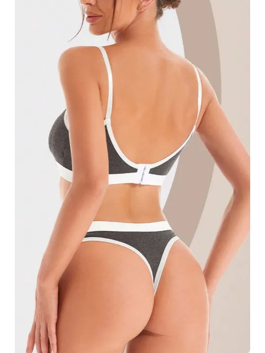 Kadın Gri Antrasit Kaşkorse Ve Beyaz Lastikli Cut-out Tanga Külotlu Takım – Modern, Konforlu