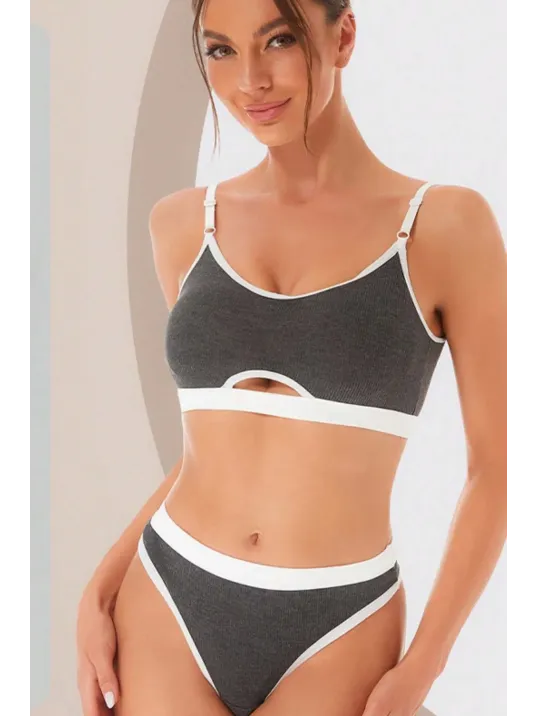 Kadın Gri Antrasit Kaşkorse Ve Beyaz Lastikli Cut-out Tanga Külotlu Takım – Modern, Konforlu