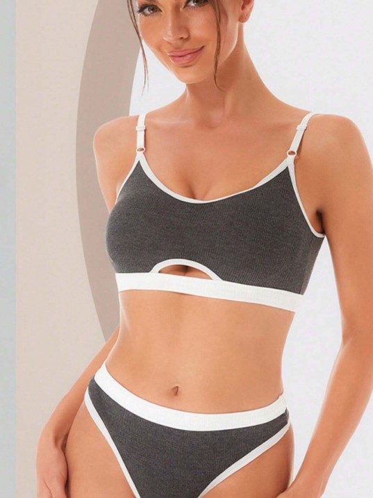 Kadın Gri Antrasit Kaşkorse ve Beyaz Lastikli Cut-Out Tanga Külotlu Takım – Modern, Konforlu