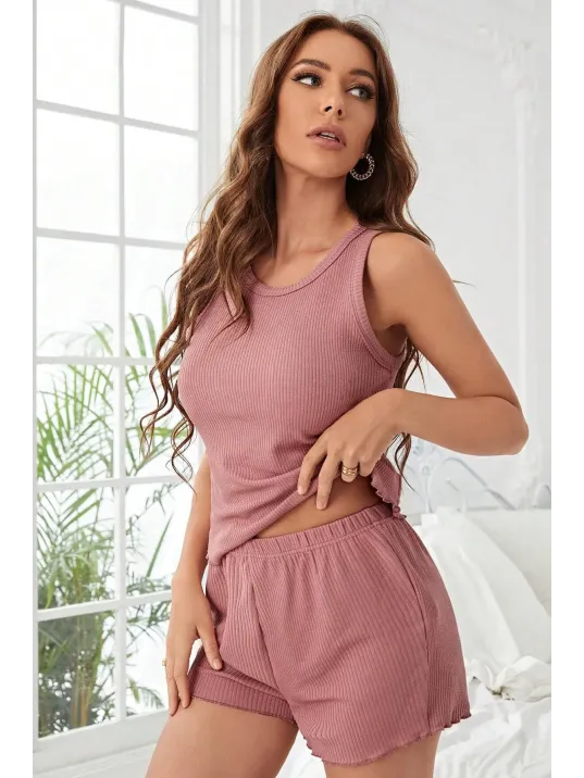 Kadın Tozlu Pembe Kenarları Fırfırlı Şortlu Kaşkorse Gecelik Takımı