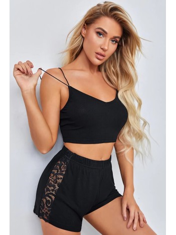 Kadın Siyah Yanları ve Sırtı Dantel Detaylı Çift Sıra İnce Lastikli Şortlu Gecelik Takım