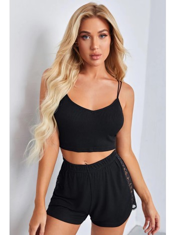 Kadın Siyah Yanları ve Sırtı Dantel Detaylı Çift Sıra İnce Lastikli Şortlu Gecelik Takım
