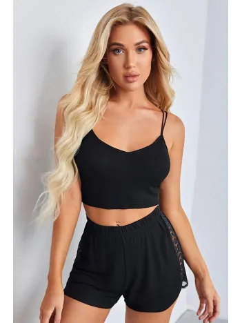 Kadın Siyah Yanları Ve Sırtı Dantel Detaylı Çift Sıra İnce Lastikli Şortlu Gecelik Takım