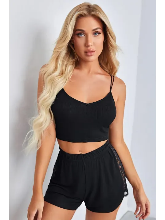 Kadın Siyah Yanları Ve Sırtı Dantel Detaylı Çift Sıra İnce Lastikli Şortlu Gecelik Takım