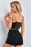 Kadın Siyah Yanları Ve Sırtı Dantel Detaylı Çift Sıra İnce Lastikli Şortlu Gecelik Takım